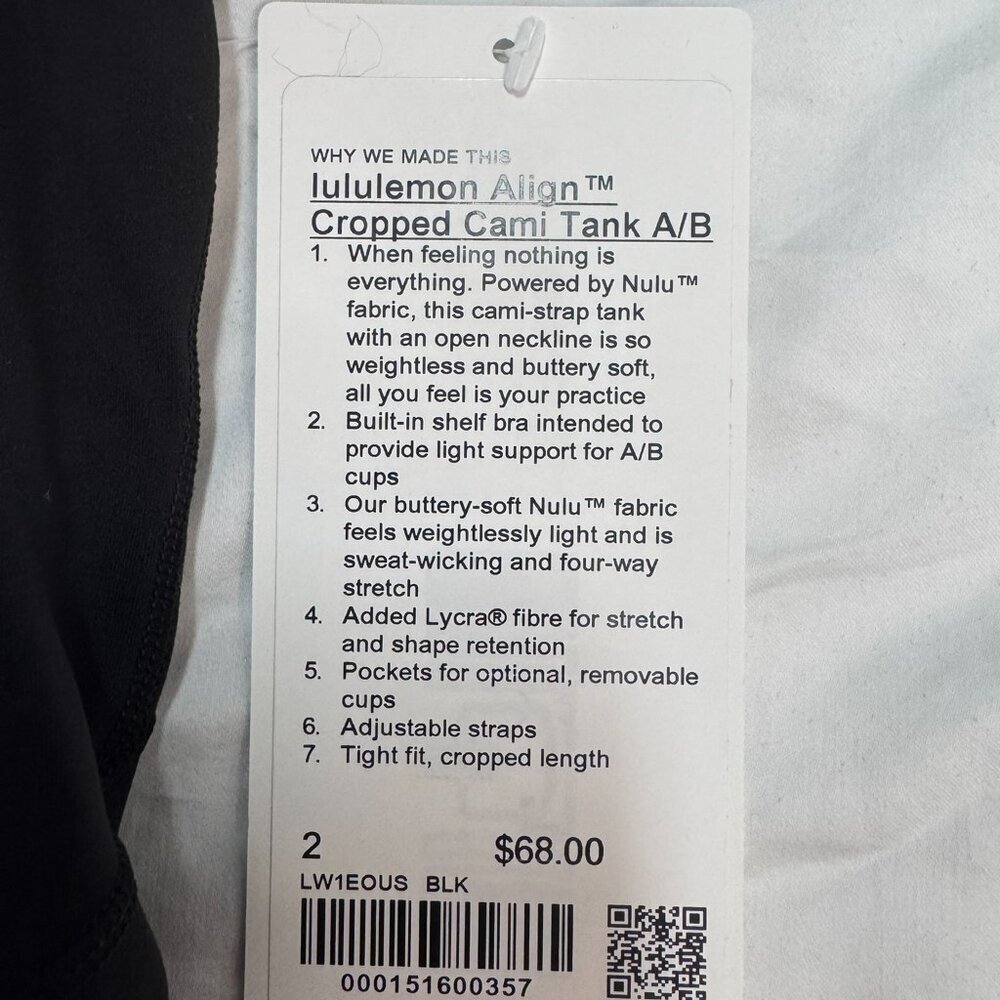 NWT Lululemon Align™ Cropped Cami Tank – Black Size 2 - Picture 3 of 3